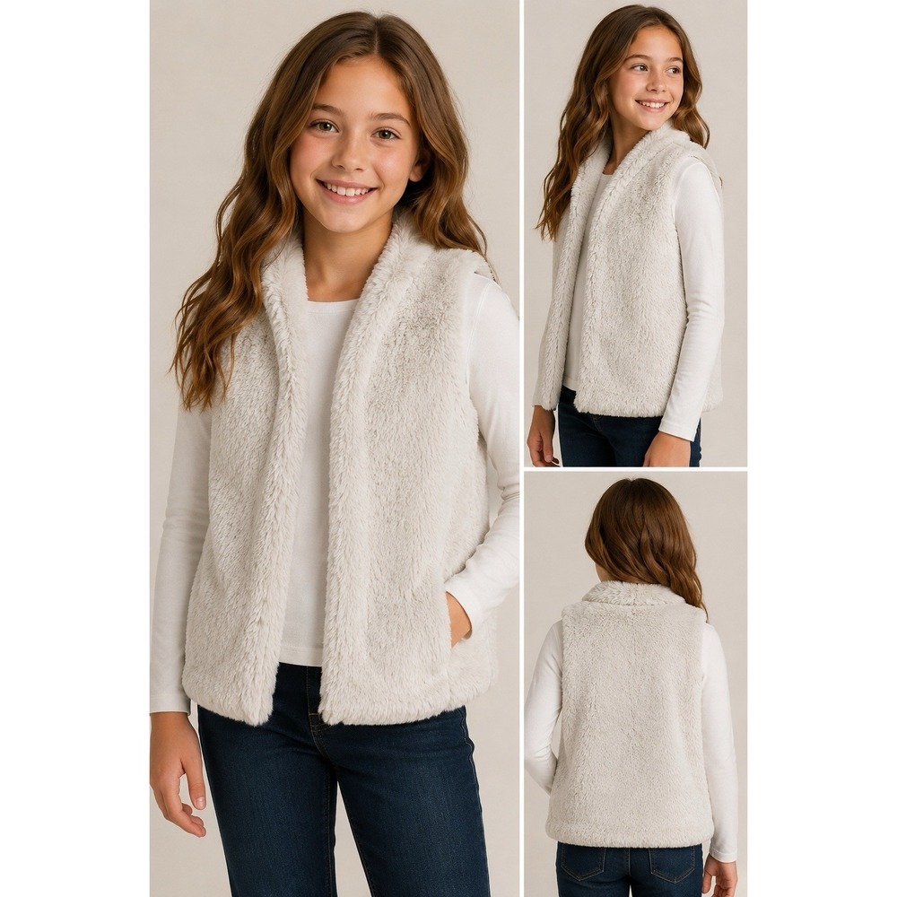 OshKosh B'gosh Girls Gray Faux Fur Lined Vest Fur Trim Hook & Eye Size 12
